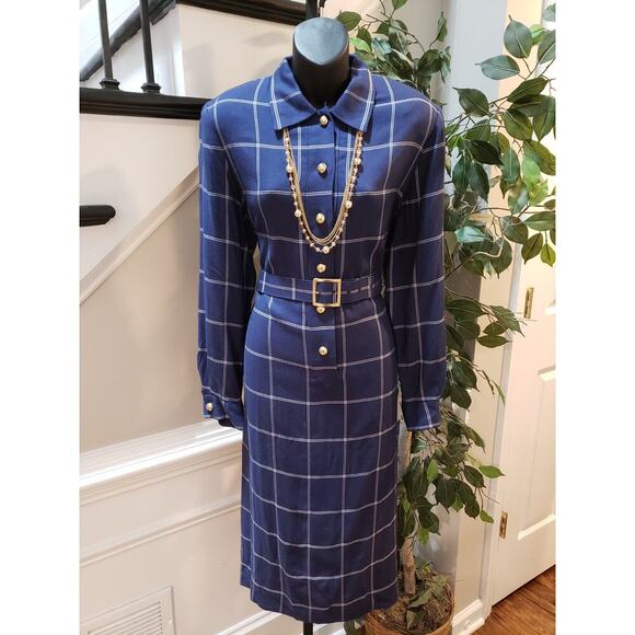 Vintage Henry Lee Shirt Dress Size 10 Navy Check Belted Long Sleeve Button Front